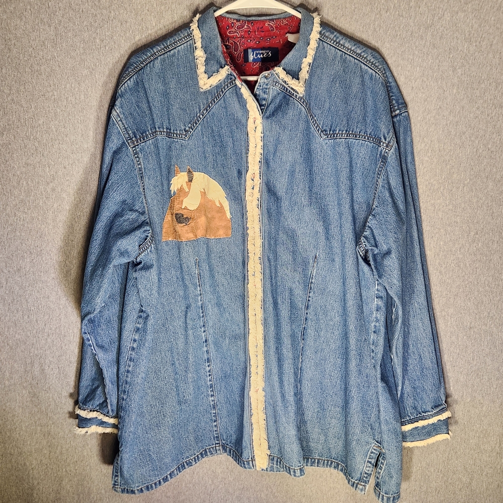 Vtg Wrangler Denim Shirt with Horse Patch Chicken Western Farm Boho Cottagecore